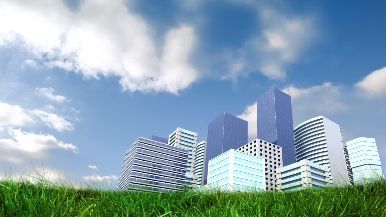 구름 이 있는 하늘 위 의 도시 풍경 의 애니메이션