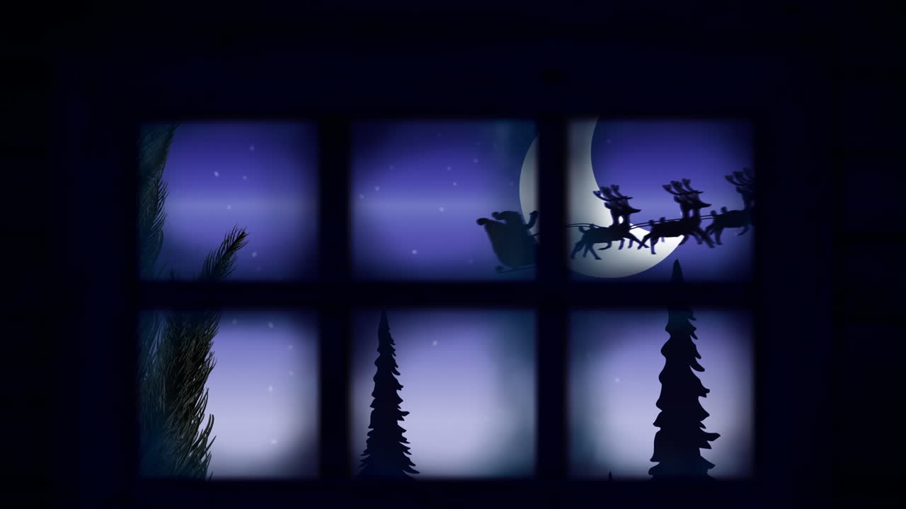 анимация санта-клауса в санях с оленями в рождественском зимнем пейзаже, виденном через окно