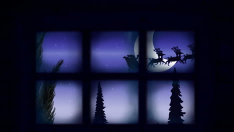 animación de santa claus en trineo con renos en el paisaje de invierno de navidad visto a través de la ventana