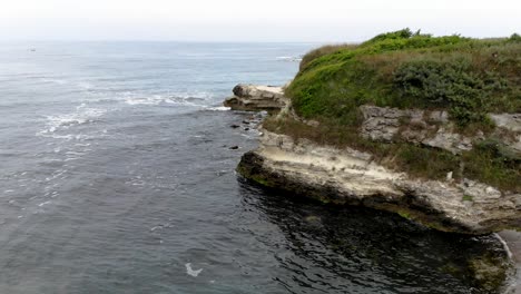 Luftaufnahme-Von-Meeres--Und-Küstenklippen-An-Bewölkten-Tagen,-Vögel-Fliegen,-Grüne-Vegetation