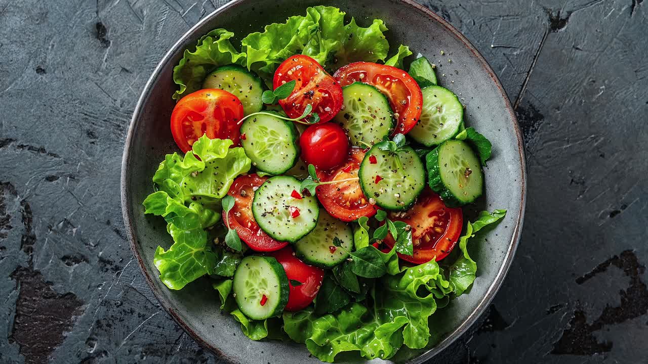 ensalada de verduras frescas con tomates, pepinos y lechuga