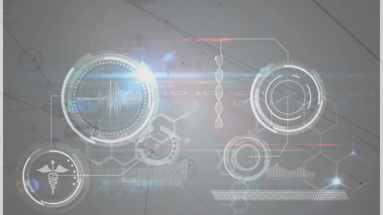 백색 배경에 데이터 처리를 통해 밝은 점과 연결 네트워크의 애니메이션