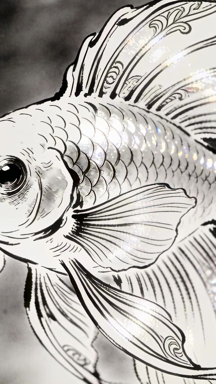 Video verticale: Luce mutevole che muove un pesce ornato che agita le pinne e scintilla in un'opera d'arte verticale e squame.