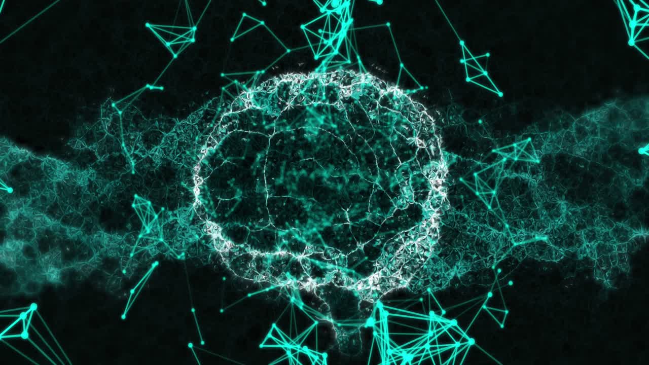 Animation of data processing and brain on black background