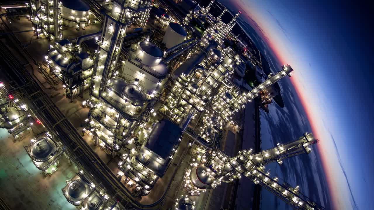 夕暮れ時の照らされた工業プラントの空撮。未来的な映画のスタイルを表現しています。
