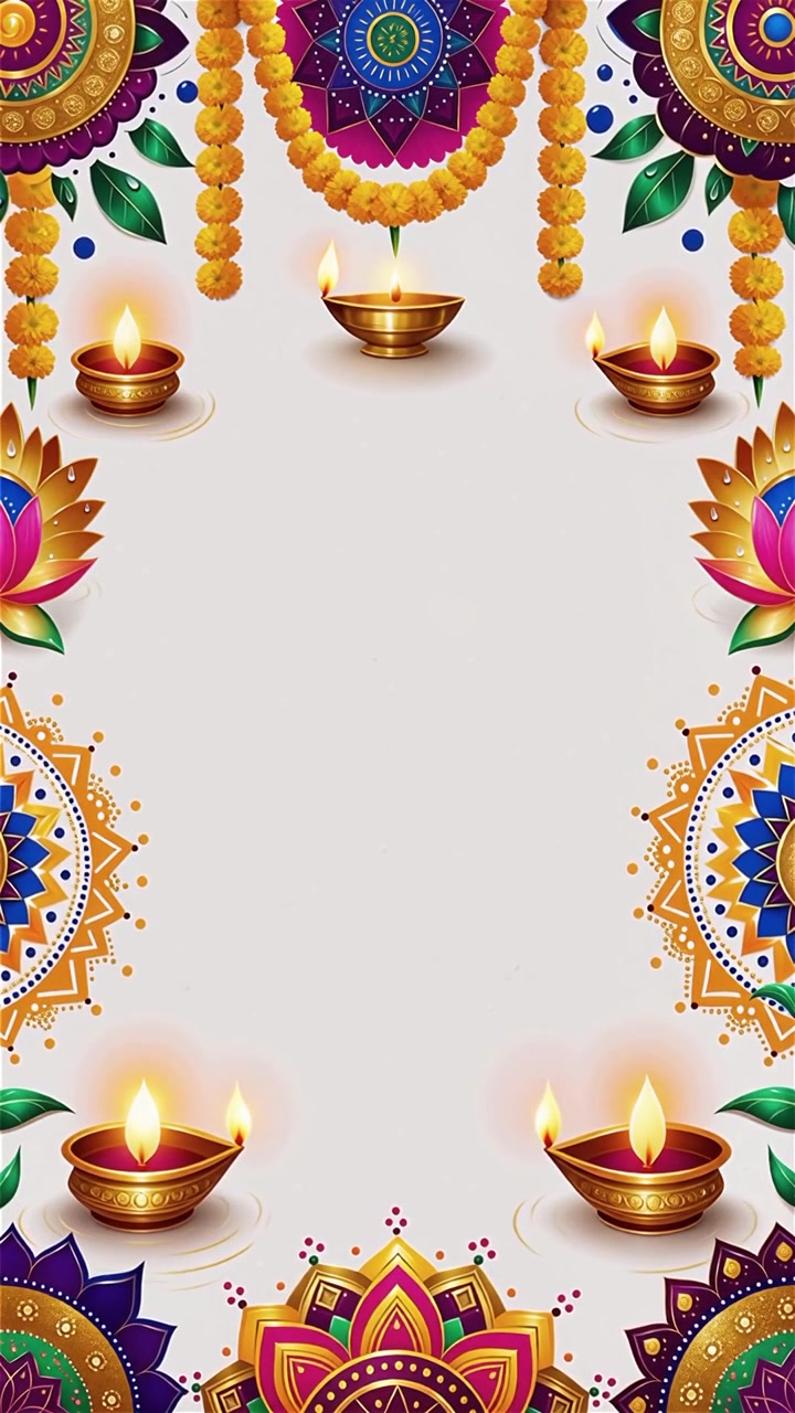 Sfondo Diwali con Diyas luminosi, Rangoli e fiori di loto