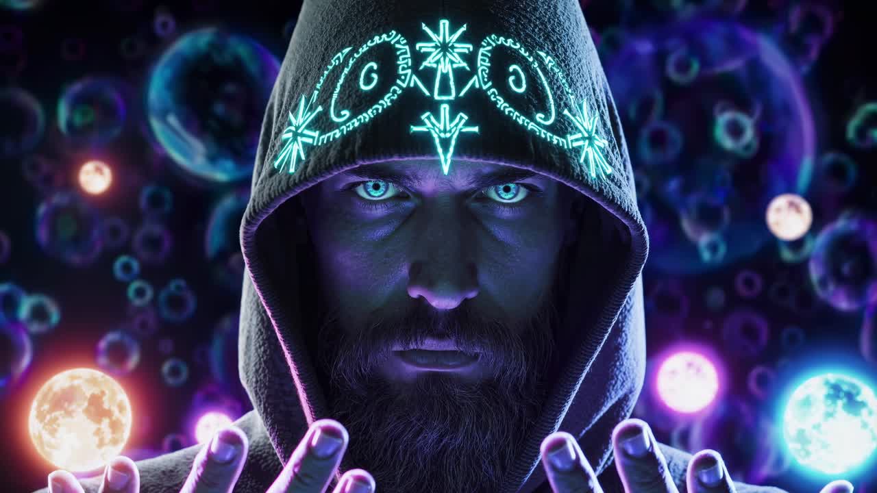 Powerful sorcerer wearing a hooded sweatshirt with glowing neon symbols is summoning and controlling cosmic energy and levitating planets with his hands