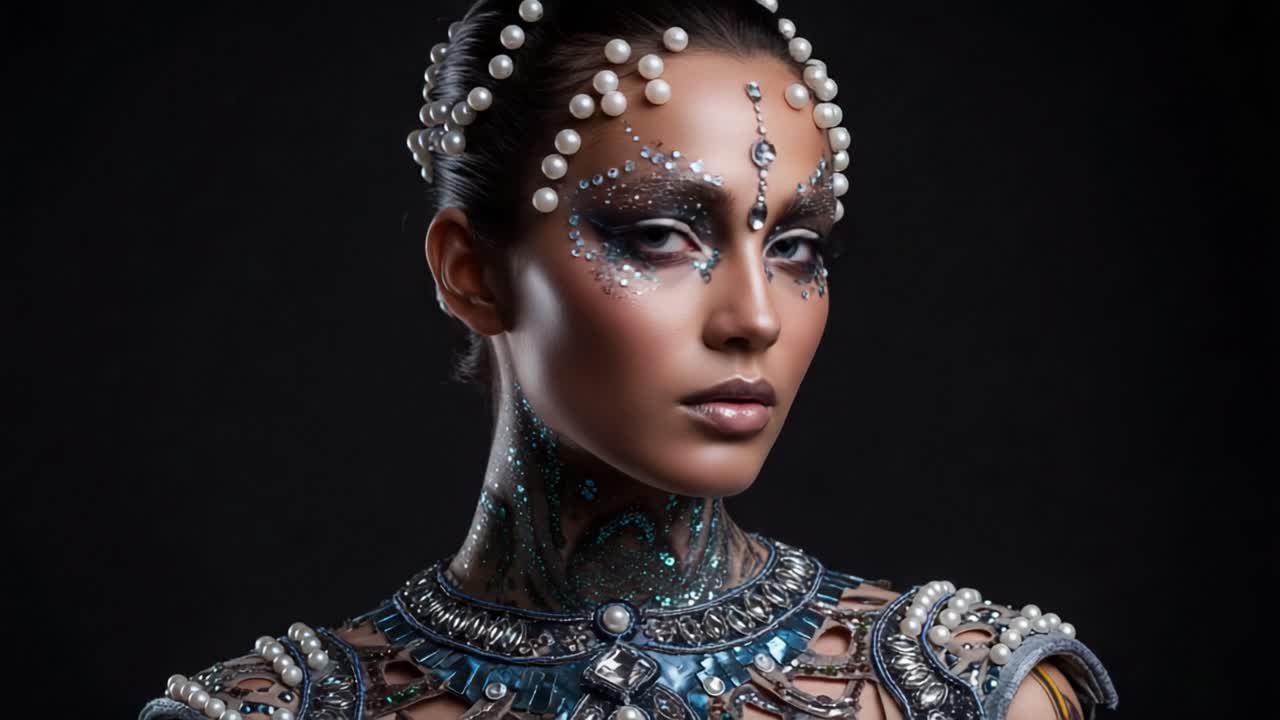 Captivating Portrait of an Elegantly Adorned Model with Intricate Facial Artistry and Stunning Jewelry in a Stylish Fashion Photoshoot