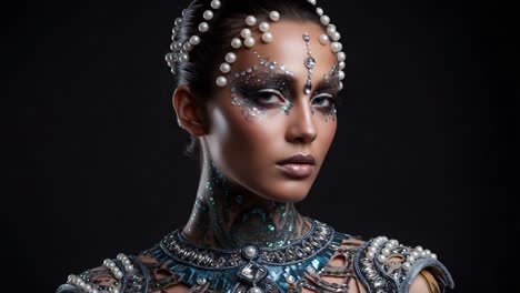 captivating portrait of an elegantly adorned model with intricate facial artistry and stunning jewelry in a stylish fashion photoshoot
