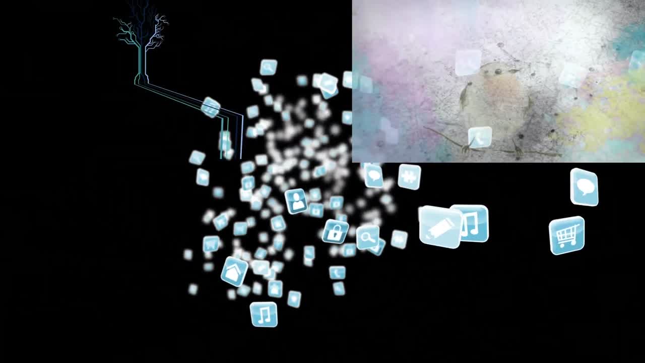 animación de iconos sobre formas sobre un fondo negro.