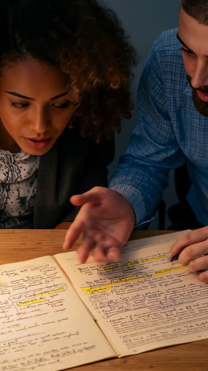 Vertical video: Opening journal at desk, peers in blazer, checked shirt marking and reviewing notes