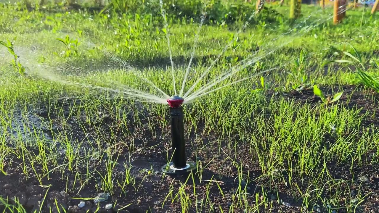 Irrigare il prato con un irrigatore in giardino durante le ore diurne per promuovere una crescita sana e mantenere l'umidità del suolo.