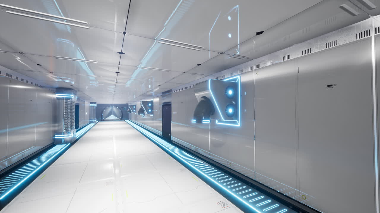 Futuristic hallway with glowing lights in a high tech environment