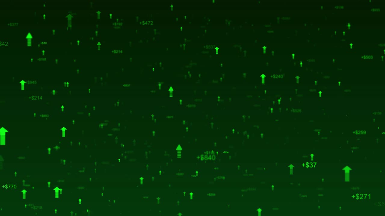Dynamic greenthemed financial growth using floating dollar values rising upward arrows symbols of