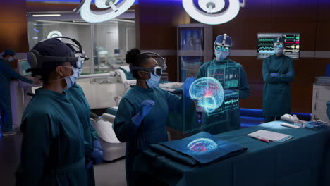 surgeons using augmented reality for brain surgery in a futuristic operating room