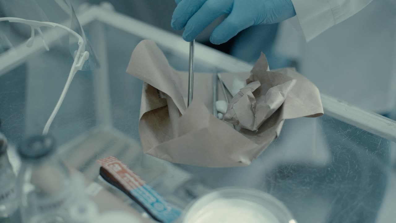 el dentista toma los instrumentos de la mesa.