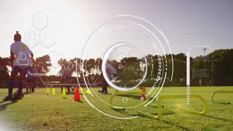 using animation, soccer player training with digital interface overlay showing data