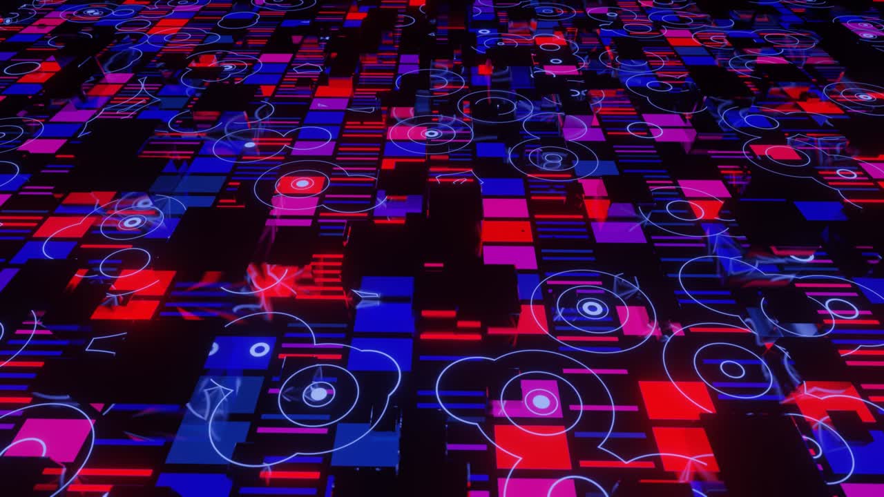 animación en bucle 4k. vuelo sobre patrón de alta tecnología en superficie plana, brillo de neón, elementos y estructura complejos. objetos 3d forman superficie de ciencia ficción patrón 3d. tecnología de la información, hardware futurista