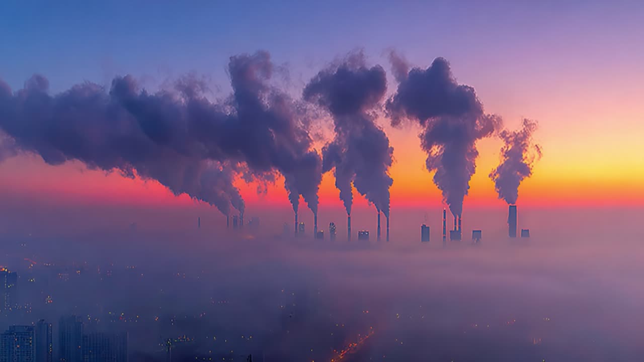 Spettacolare scenario di inquinamento industriale: ciminiere che rilasciano fumo denso e scuro contro un bellissimo cielo all'alba, avvolgendo la città nella foschia
