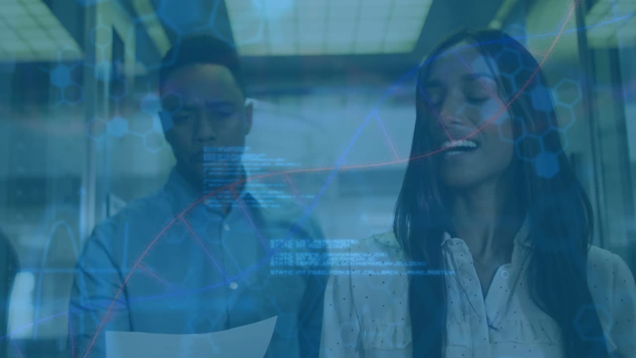 Business team walking, man holding doc reviewing, woman checking phone, overlay aligning with faces