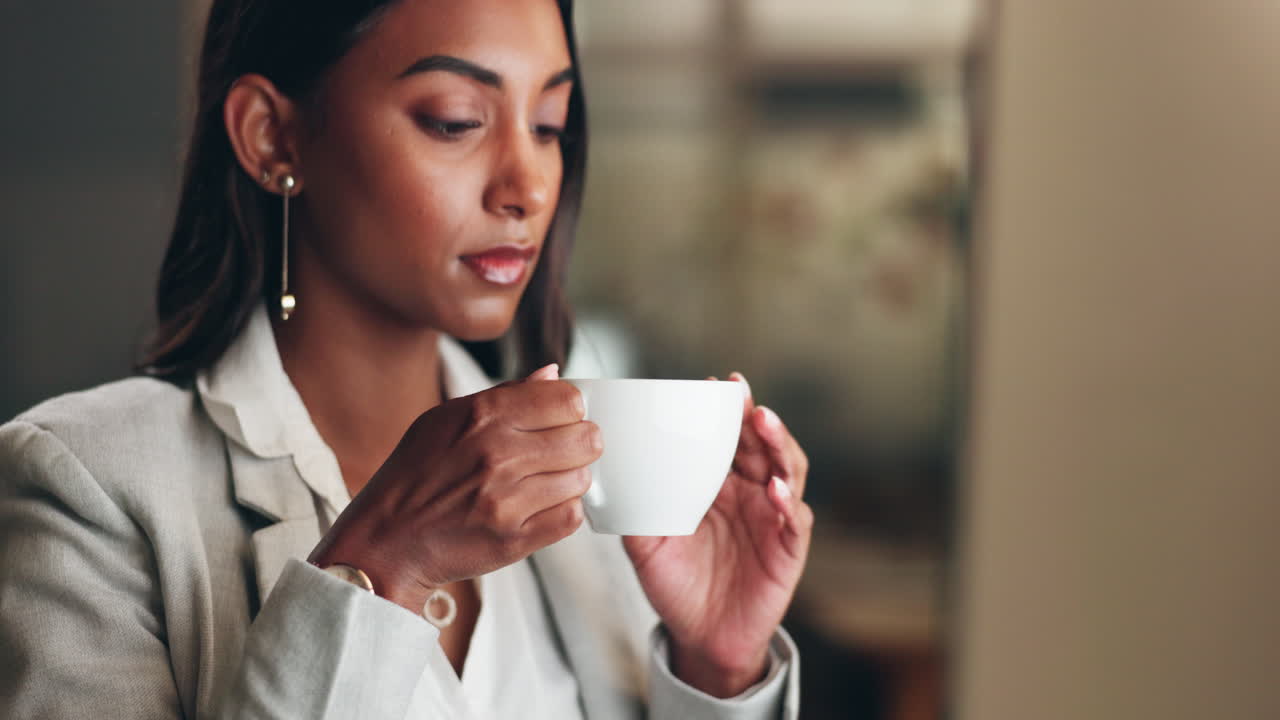 커피, 밤의 생각과 비즈니스 여자가 휴식을 취합니다.