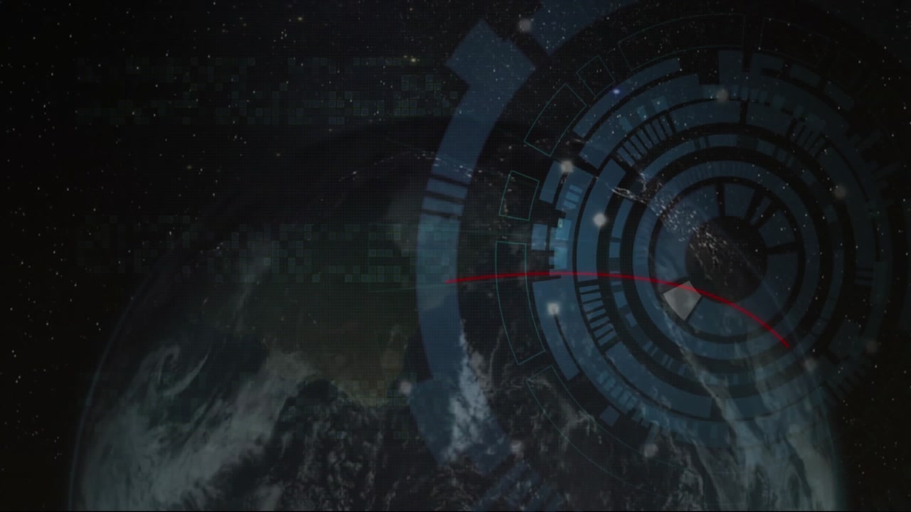 Upon Earth rotation, interface rotating and pulsing while red arc tracing orbit visualizing data