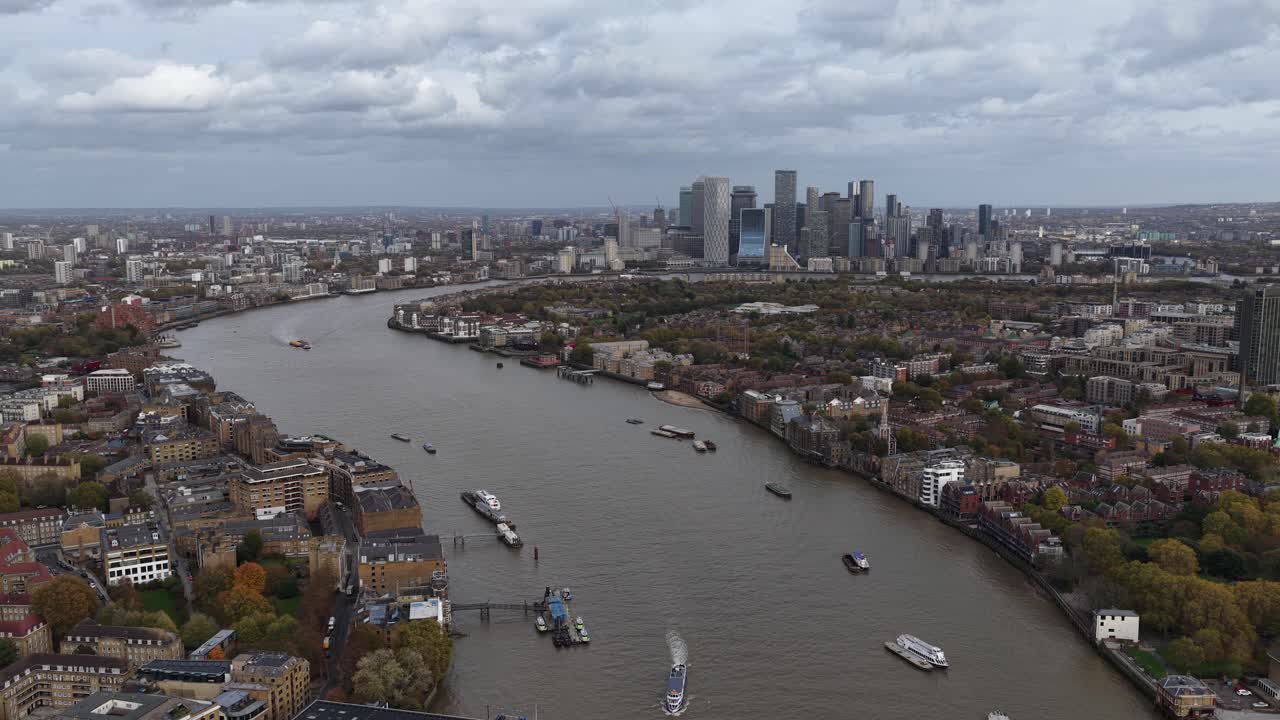 Aerial drone video of the River Thames and Canary Wharf in London