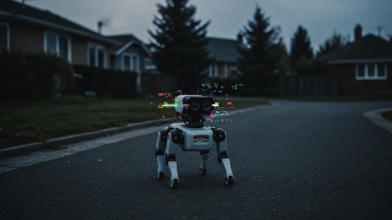 Exploring the Future: A Robotic Companion Navigating a Quiet Suburban Street Amidst Dusk Ambiance and Ambient Light Effects