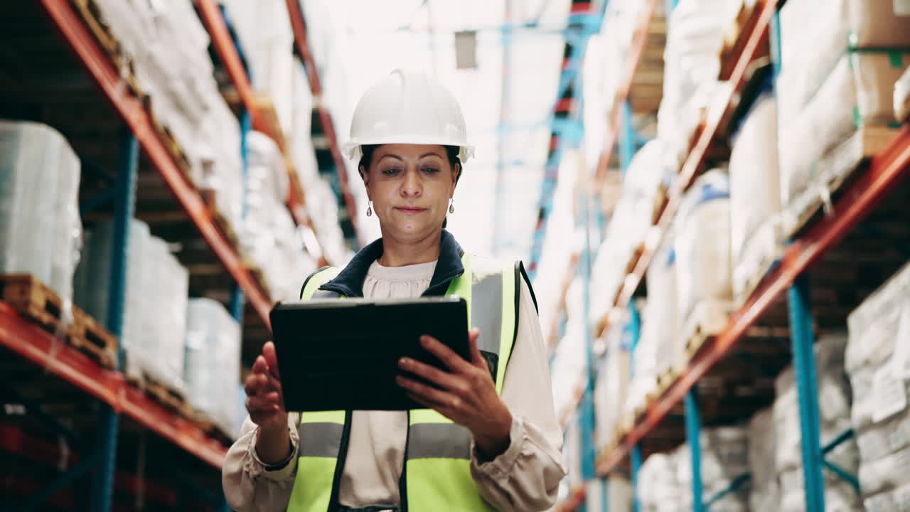 trabajador de almacén comprobando el inventario con una tableta