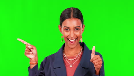 woman pointing, thumbs up and green screen