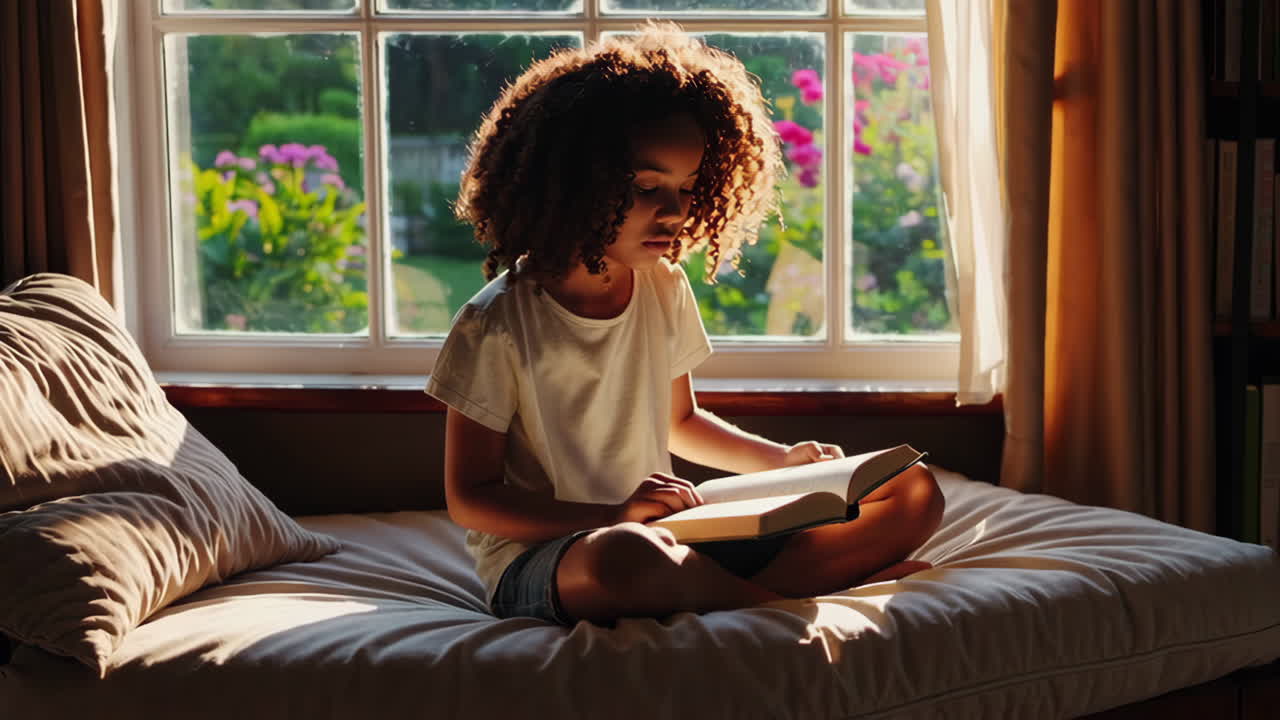Young girl reading a book by a sunlit window