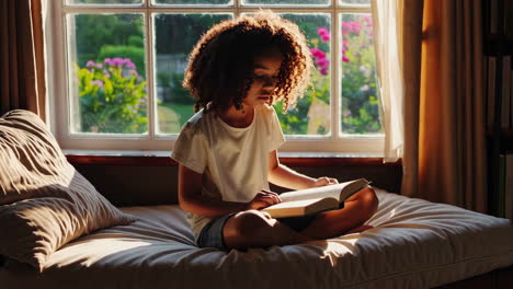young girl reading a book by a sunlit window