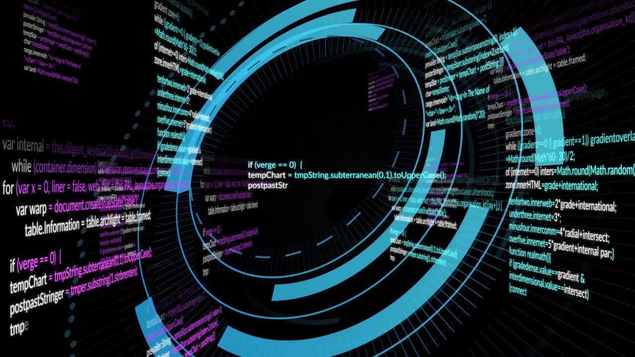 In school, animation of rotating digital code with blue and purple elements
