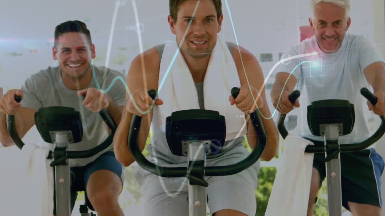 Three men pedaling on stationary bikes inside fitness studio, with HUD metrics and line charts