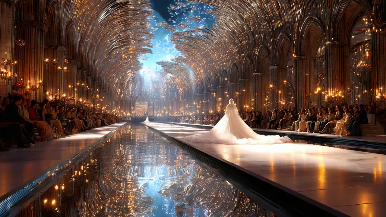 A Majestic Fashion Show Unfolds in an Enchanting Venue with a Stunning Model Adorned in an Elegant Gown, Illuminated by Glowing Candles Reflecting Off a Mirror-Like Runway Beneath a Sparkling Ceiling