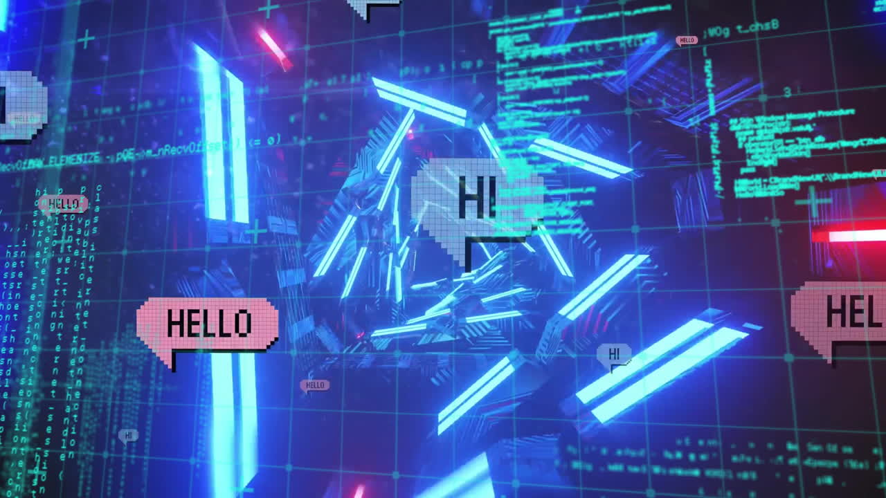 Animation of hello and hi text in speech bubbles, triangular tunnel over computer language