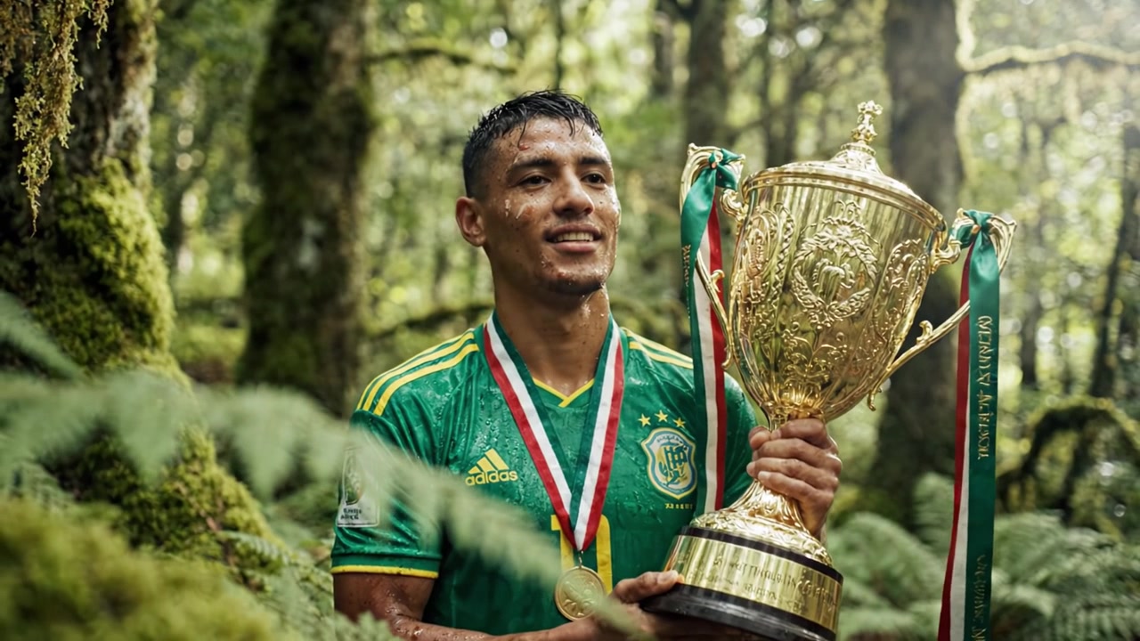 Een zegevierende atleet houdt een prestigieuze trofee vast te midden van een weelderig bos, viert de overwinning met trots, omringd door de natuur, en toont toewijding en prestatie