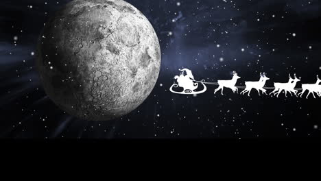 animation of santa claus in sleigh with reindeer passing over moon and stars