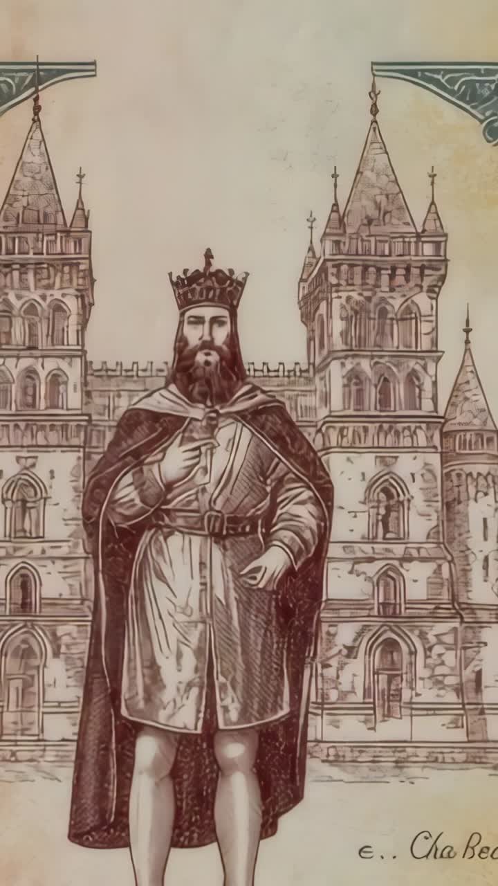 Vertical video: Displaying medieval king standing in castle facade, with crown and cloak