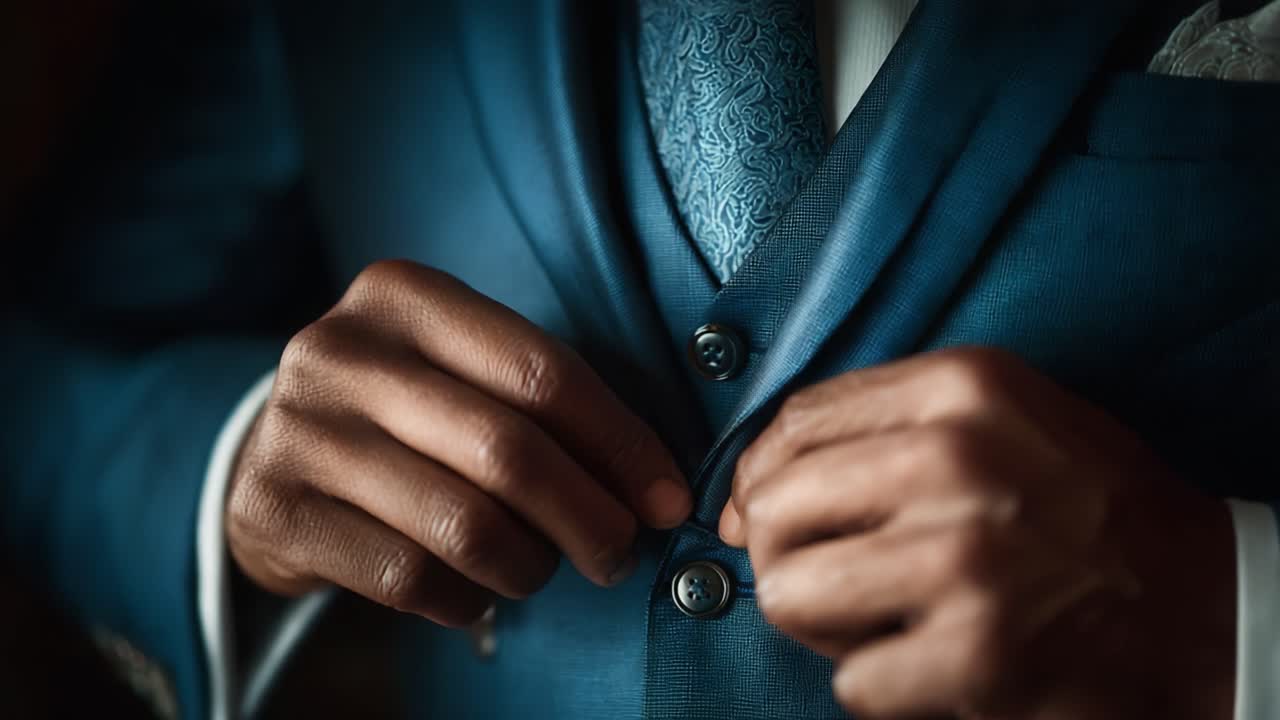 Un uomo sofisticato che sistema il suo elegante abito con precisione e stile, mettendo in mostra l'attenzione ai dettagli in ogni aspetto del suo abbigliamento e della sua presentazione