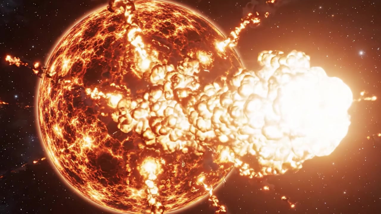 Die Dynamik eines vulkanischen Sterns erforschen: Eine Reise durch lebendige Eruptionen und feurige Landschaften vor dem kosmischen Hintergrund