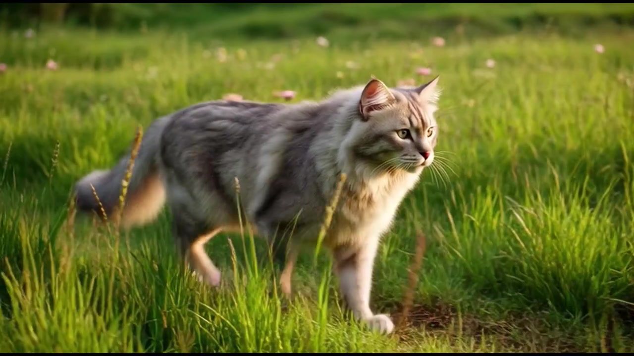 Gatto soffice che cammina attraverso un prato erboso con fiori selvatici