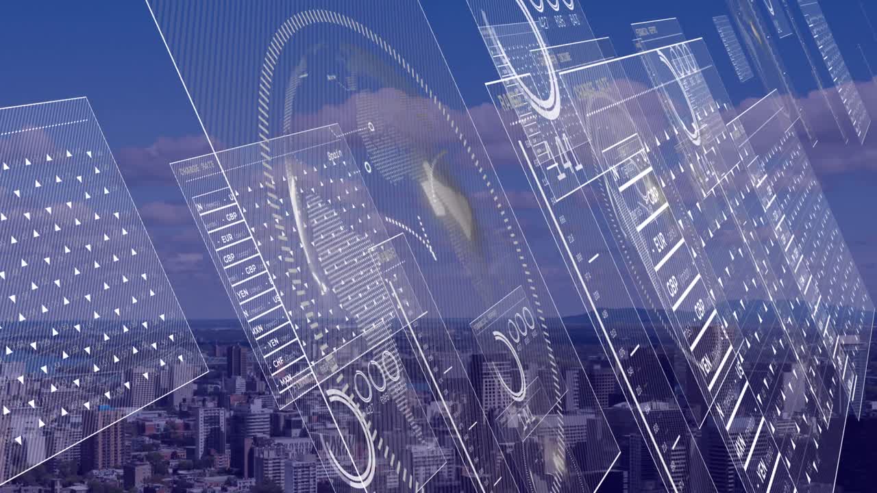 도시 풍경 위의 데이터 처리 애니메이션