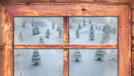 Animation-of-snow-falling-and-christmas-winter-scenery-seen-through-window