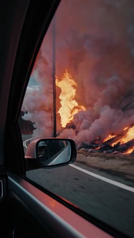 wildfire viewed from a car window