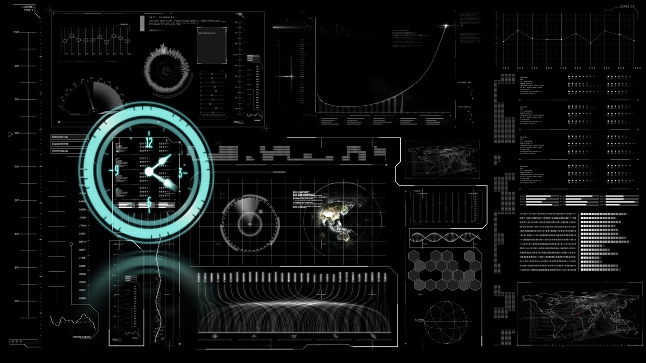 Animation of clock moving fast over data processing on screen