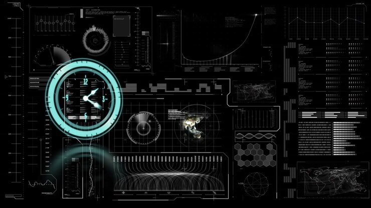 Animation of clock moving fast over data processing on screen