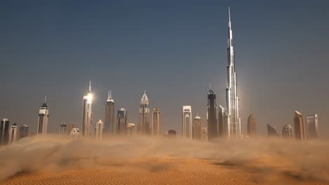 the iconic skyline of dubai rises majestically from the surrounding desert sands, showcasing modern skyscrapers under a clear blue sky. the tallest tower dominates the urban landscape