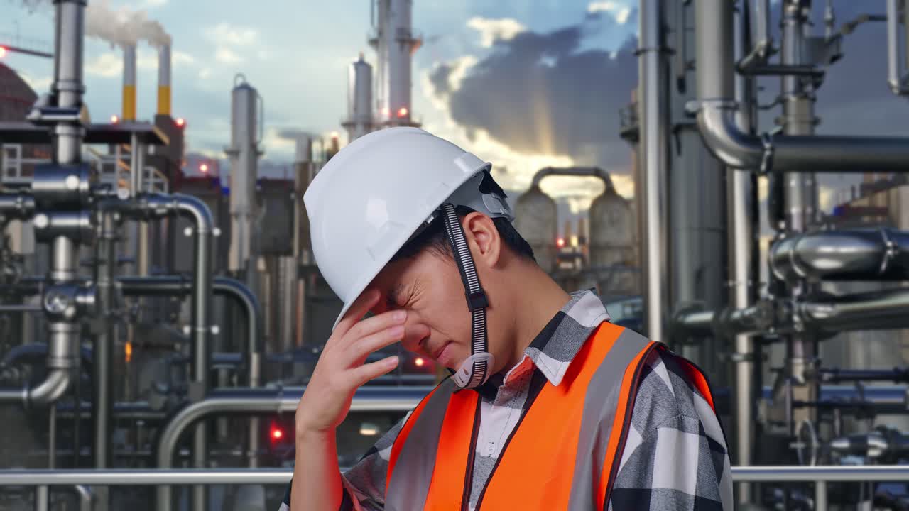 Close Up Side View Of Asian Male Engineer With Safety Helmet Having A Headache While Working In a Refinery, Oil Processing Equipment And Machinery