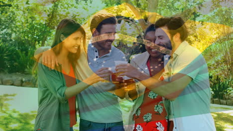 animación de la bandera de brasil ondeando sobre felices amigos diversos haciendo brindis en el jardín